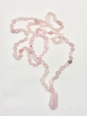 Natural Rose Quartz Beaded Hand Knotted Crystal Pendant Necklace 36”